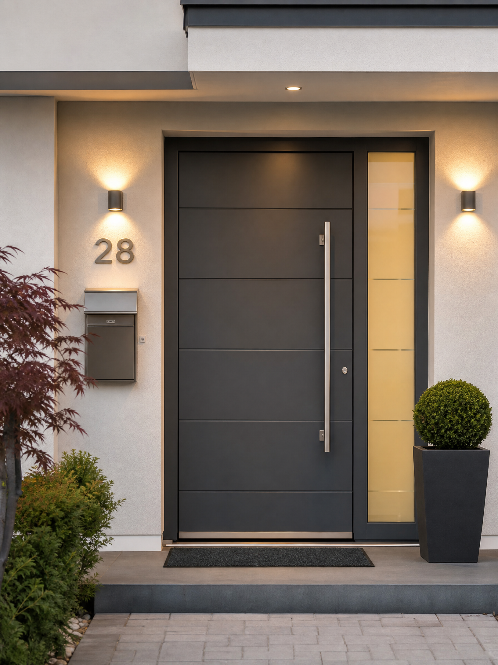 Moderne, elegante Haustür mit Edelstahlgriff und Seitenteil – Haustür Leads für Fensterbauer
